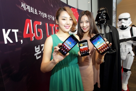 모델들이 LTE 휴대폰을 들고 KT의 LTE WARP에 대해 설명하고 있다.