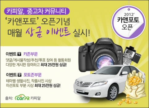 중고차 전문 사이트 카피알은 중고차 커뮤니티 카앤포토 오픈 기념 상금 이벤트를 매월 진행한다.