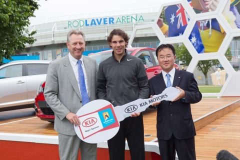 (left to right) Steve Wood, CEO Tennis Australia; Rafael Nadal; CW KIm, President & CEO of Kia Motors Australia participate in the Kia VIK Handover Ceremony at Melbourne Park.