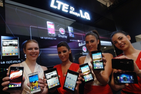 LG Electronics (LG) unveils its new smartphones at Mobile World Congress 2012 - (from left) LG Optimus L7, LG Optimus Vu:, LG Optimus 4X HD and LG Optimus 3D Max.