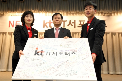 IT서포터즈 대표들이 KT 이길주 홍보실장(가운데)에게 '올해의 각오와 희망 메세지'를 적은 보드를 전달하고 있는 모습