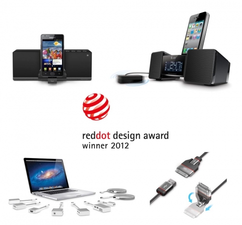 ‘2012 레드닷 디자인 상’ 수상한 아이러브(iLuv Creative Technology)  제품. 왼쪽 위부터 시계방향으로 모비에어, 바이브로 II, 듀얼잭, 맥북용 케이블 및 어댑터