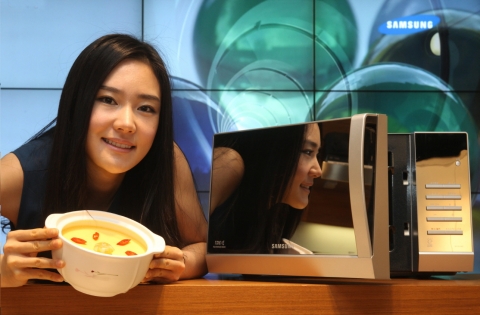 미러스타일 전자레인지를 선보이는 모델컷