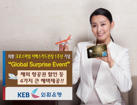 외환은행은 ‘외환 크로스마일 아멕스 카드’ 런칭 1주년을 기념  하여 고객감사 이벤트로 해외여행과 관련한 다양한 혜택을 주제로 ‘Global Surprise Event’를 시행한다고 1일 밝혔다.