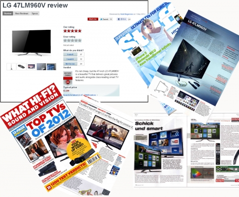 시네마3DTV유럽서호평00-:'씨넷 영국(CNET UK)', '스터프(Stuff)', '왓 하이파이(What Hi-fi)' 등 유럽의 주요 IT 전문지들이 연이어 LG 시네마3D 스마트 TV에 찬사를 보냈다. 사진은 왼쪽 상단부터 시계방향으로 '씨넷 영국', '스터프', '하임키노', '왓 하이파이'.