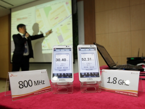 금일 오전 11시 SK텔레콤 강남사옥에서 열린 서비스 시연회에서 일반 LTE와 멀티캐리어(Multi Carrier) LTE 서비스 속도를 비교한 결과.