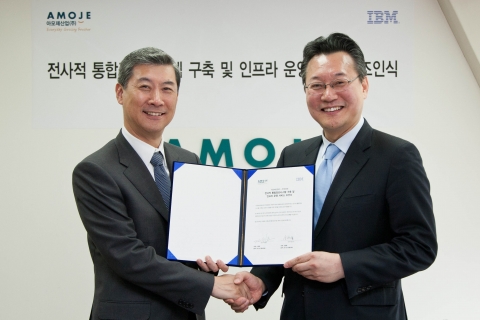 한국IBM IT 인프라 협약식_아모제산업(주) 신희호 대표(왼쪽)와 한국IBM GTS 김원종 대표(오른쪽)