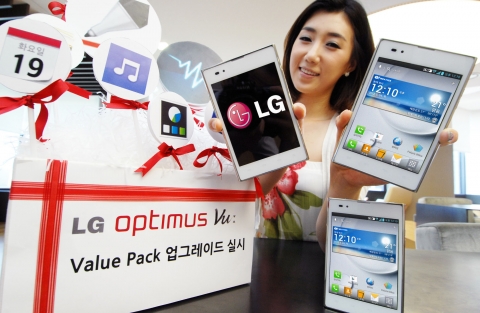 LG전자가 4:3비율 5인치 스마트폰 ‘옵티머스 Vu:(뷰)’의 밸류팩(Value Pack) 업그레이드를 이번 주말부터 실시합니다. 모델이 밸류팩 업그레이드된 ‘옵티머스 Vu:(뷰