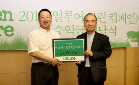 박용만 두산그룹 회장(사진 왼쪽)이 7월 5일 서울 중구 을지로6가 두산타워에서 녹색연합 박경조 대표에게 ‘2012 얼루어 그린 캠페인’에서 얻은 수익금을 전달하고 있다.