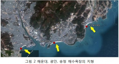 그림 2 해운대, 광안, 송정 해수욕장의 지형