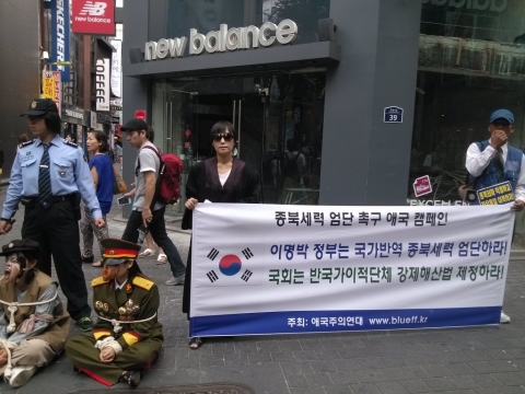 지난 14일 오후 애국주의연대 회원들이 명동거리에서 종북세력 엄단촉구 나라사랑 캠페인을 전개하고 있다.