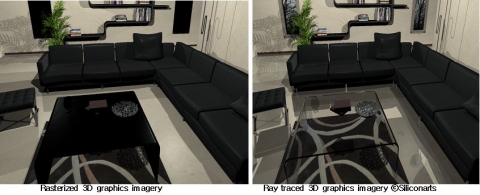 좌로부터 Rasterization 방식을 활용한 3D와 Ray Tracing 방식을 활용한 3D 이미지-(주)실리콘아츠
