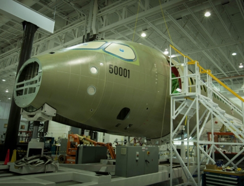 Assembly of First Flight Test Vehicle for Bombardier CSeries Aircraft Underway