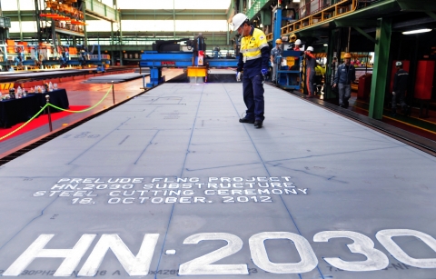 Shell celebrates the first steel cut for the first steel cut for the game-changing Prelude floating liquefied natural gas project’s substructure.  The sheet of steel to be cut weighs 7.6 tonnes, is 4.3 metres wide, 13.8 metres long and 16.5 millimetres thick.