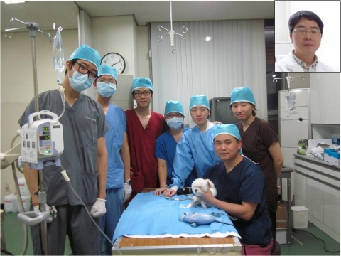 박희명교수(동물병원장)와 심장내과 진료진(펠로우 수의사 및 인턴, 레지던트의 모습)의 혈관시술 후 모습