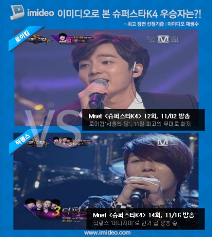 ㈜엔써즈(www.enswersinc.com)는 온라인에서 방송 캡쳐 장면만으로 해당 프로그램을 바로 시청할 수 있는 ‘이미디오’를 통해 슈퍼스타K4의 지난 방송들 중 두 후보의 화