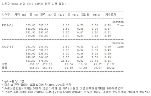 시추구 RR12-31와 RR12-34에서 얻은 시금 결과