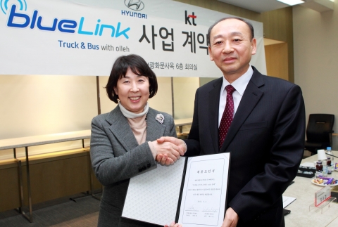 KT와 현대자동차는 4일 서울 광화문 KT 사옥에서 KT G&E부문 운영총괄 임수경 전무(사진 왼쪽) 및 현대자동차 차량IT서비스사업부 곽우영 부사장(사진 오른쪽) 등 양사 관계자