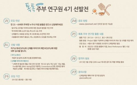 CJ제일제당 식품연구소는 내달 19일까지 평소 요리와 먹거리에 관심이 높고 신제품에 대한 새로운 아이디어를 제시할 ‘톡톡 주부연구원’을 모집한다.