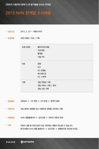NHN 한게임(게임부문 대표 이은상)은 지속 성장 가능한 창의적인 게임회사로의 재도약을 위해 최대 200명의 게임 개발 인력을 대거 채용, ‘재미있고 완성도 높은 게임 개발사’로의