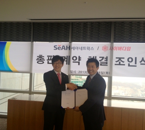 현석진 사이버다임 대표(왼쪽)와 고영규 세아네트웍스 본부장(오른쪽)