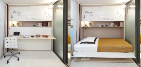 스터디베드 사진. 평상시 책상(왼쪽)으로 사용하다 밤에는 침대(오른쪽)로 변신하게 된다