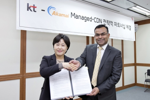KT G&E부문 기업IT사업본부 송희경본부장과 아카마이 수석부사장 산제이싱(Sanjay Singh) 등 양사 관계자들이 참석한 가운데 사업협력 모델 강화를 위한 ‘Managed-C
