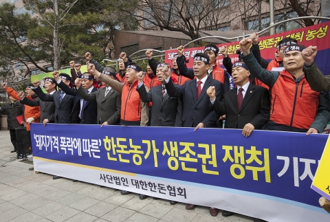 서울 여의도 KB국민은행 앞에서 대한한돈협회 이병모 회장을 비롯하여 전국의 한돈농가 및 축산관련단체협의회, 전국한우협회 등 축산업계 대표들이 돼지가격 폭락에 따른 한돈농가 생존권 