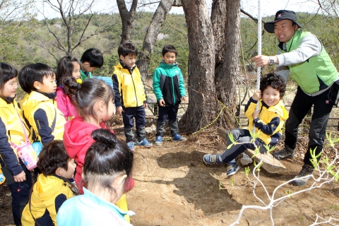 포항시, 감사 유아숲 체험원에서 체험활동 중인 어린이들