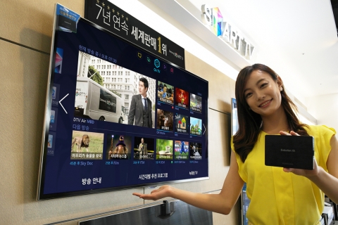 삼성전자 모델이 18일 세계최초로 국내에 출시된 ‘에볼루션 키트’를 소개하고 있다. 에볼루션 키트를 2012년형 삼성 스마트TV에 장착하면 하드웨어와 소프트웨어를  2013년형 최