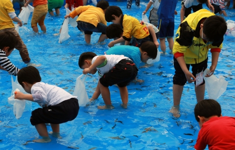 4일 LG전자 평택 디지털파크에서 열린 ‘모여라 Fun! Fun! LG어린이 페스티벌’행사에서 어린이들이 ‘잡아라! 날쌘돌이 미꾸라지 잡기’프로그램에 참여해 즐거운 시간을 보내는 