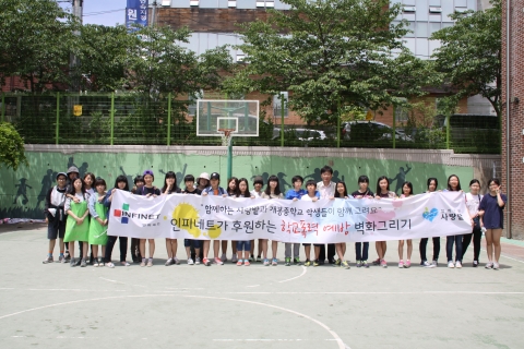 사단법인 함께하는 사랑밭은 학교폭력 방지 운동의 일환으로 학교 건물에 벽화그리기 행사를 진행 하고 있다.