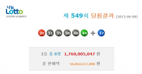로또 549회 당첨번호 29, 31, 35, 38, 40, 44 보너스 17