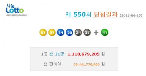 당첨번호 01, 07, 14, 20, 34, 37 보너스 41