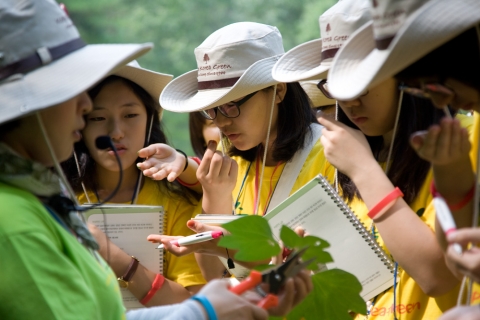 유한킴벌리 숲체험 여름학교 그린캠프에 참여한 여고생들이 숲과 나무를 주제로 체험학습에 참여하고 있다.