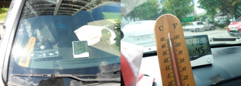 블로거 자○○○님이 직접 촬영한 사무이아쯔이를 사용하기 전(49.2℃)과 후(41.6℃)의 차량 실내 온도 변화.