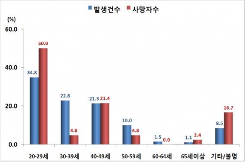 휴가철 연령대별 렌터카사고 발생건수 및 사망자 구성비 비교