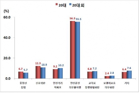 휴가철 20대 및 20대 외 법규위반별 교통사고 구성비 비교