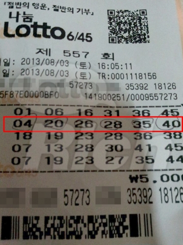 나눔로또가 발표한 로또 557회 당첨번호는 4, 20, 26, 28, 35, 40 보너스 31번이다.