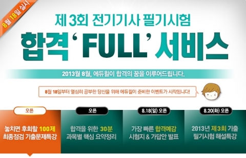 에듀윌은 8월 18일(일) 실시되는 제3회 전기기사 필기시험을 앞두고 합격 FULL 서비스를 제공한다.