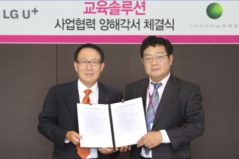 LG유플러스 솔루션 담당 최기무 상무 (左) 인프라웨어 사업본부장김경남 부사장(右)이 LG유플러스 본사에서 사업 협약을 체결하고 포즈를 취하고 있다.