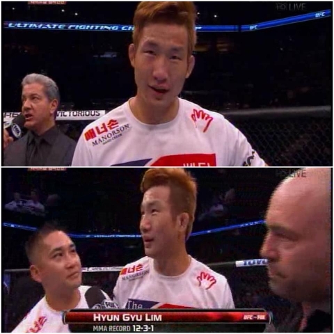 1일 UFC 164에서 파스칼 크라우스(26)를 꺾고 승리한 임현규(28) 선수의 인터뷰 장면이 화제다.