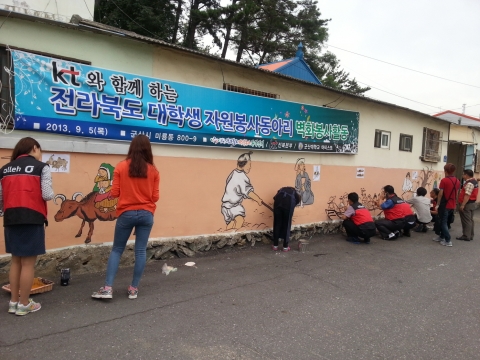 군산대학교 미술학과 이남수(4학년) 등 학생봉사단원 10여명이 지난 5일(목) 군산대학교 인근 마을인 원당마을의 노후된 담장을 전통벽화로 채우며 일대를 산뜻하게 변신시켰다.