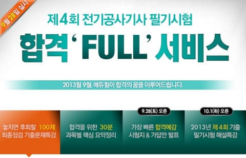 에듀윌은 9월 28일(토) 실시되는 제4회 전기공사기사 필기시험을 앞두고 합격 FULL 서비스를 제공한다.