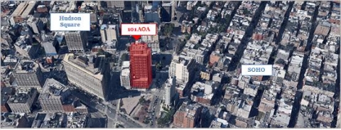 뉴욕 101 AOA 빌딩은 미드타운 사우스(Midtown South)의 허드슨 스퀘어 및 소호의 접경 지역에  위치하고 있으며, 동 지역은 레스토랑, 상점 등이 밀집되어 최근 문화, 생활 중심 지역으로 인식됨에 따라 많은 인구가 유입되고 있다.