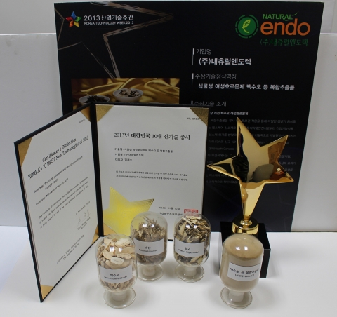 내츄럴엔도텍의 식물성 여성호르몬제 백수오 등 복합추출물이 대한민국 신기술에 선정됐다.