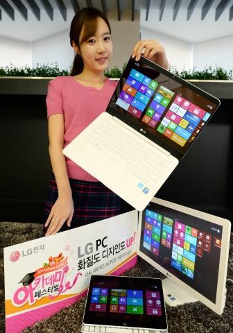 LG전자 모델이 13.3형 화면에도 무게가 테이크 아웃 커피 두잔 정도인 980그램(g)에 불과한 초경량 울트라PC ‘그램’과 일체형PC, 탭북 등을 선보이고 있다.