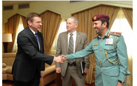 Major General Nasser Lakhrebani Al Nuaimi receiving Mr. Donald Bliss and Mr. Drew Azzara