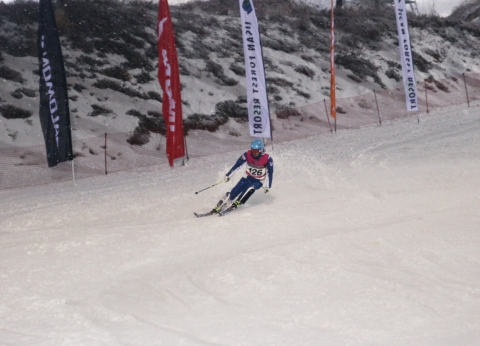 제6회 지산배 오픈스키 챔피언십에 참가한 한 참가자가 스키를 타고 슬로프를 활강하고 있다.