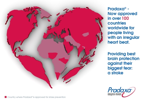 Pradaxa(R) - Now approved in over 100 countries worldwide for people living with an irregular heart beat. Providing best brain protection against their biggest fear: a stroke